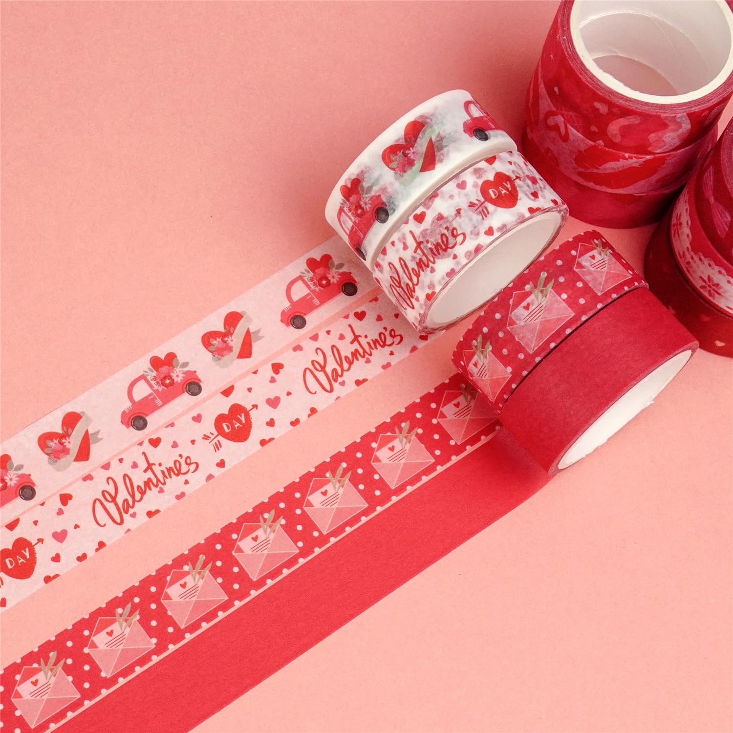 Zo.Yehaa 10 rollos de cinta adhesiva Washi para el día de San Valentín, boda, aniversario, rojo, cinta adhesiva decorativa para diario de viñetas,