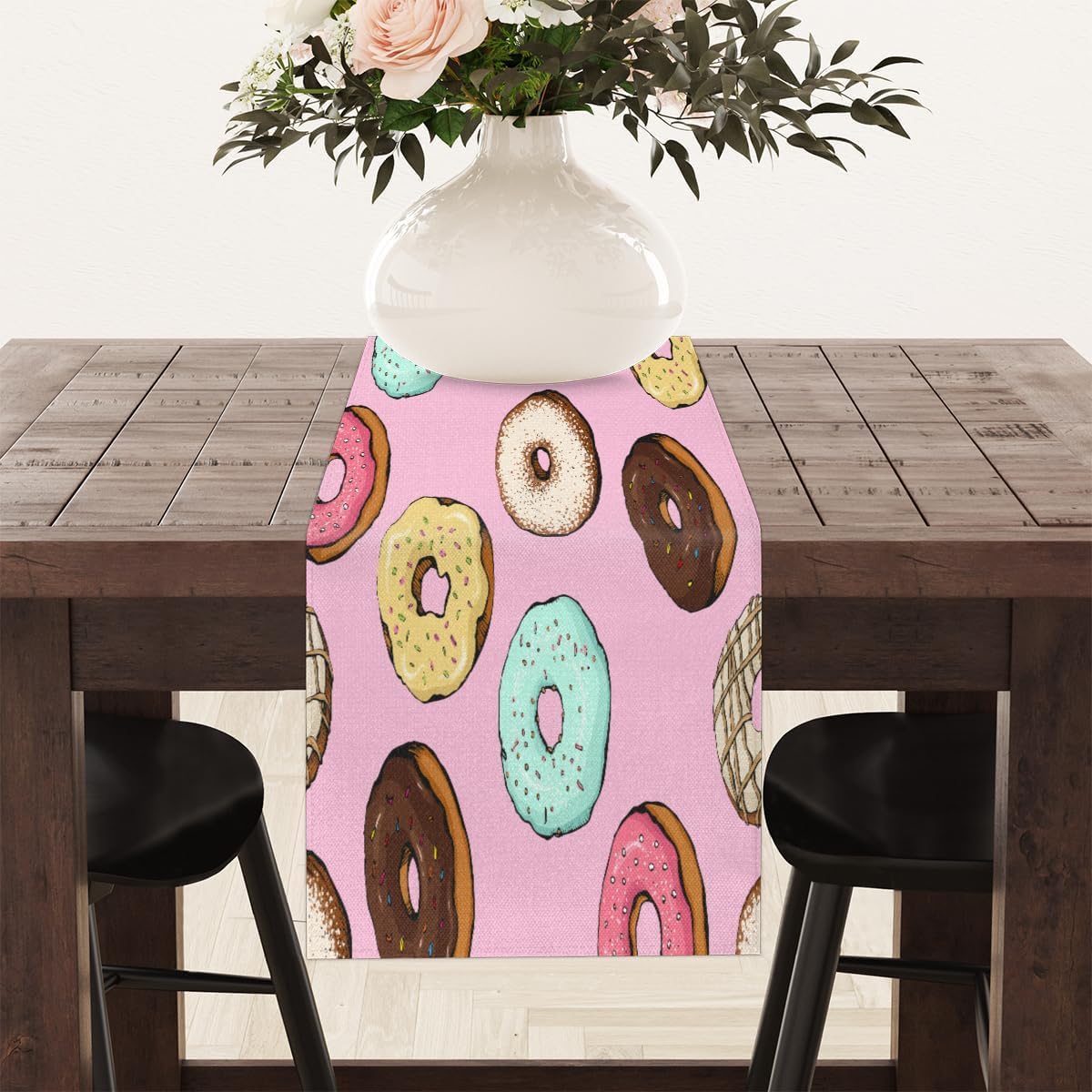 Camino de mesa de donas lindas, mantel de lino rústico otoñal, decoración de mesa de cocina y comedor para fiesta en el hogar, 13 x 72 pulgadas