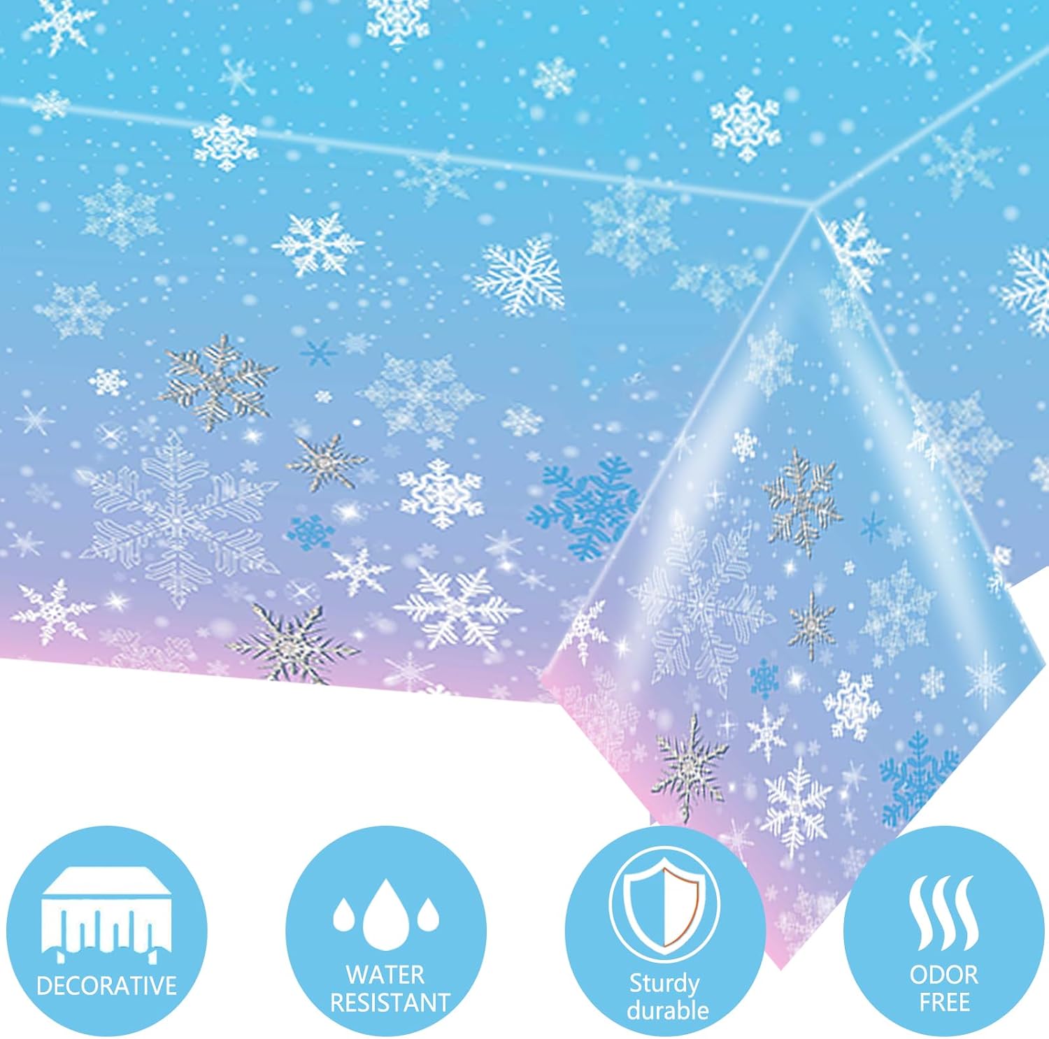 Kesfey Paquete de 3 manteles de Navidad con copos de nieve de 51 x 87 pulgadas, mantel desechable de plástico con copos de nieve blancos para fiesta