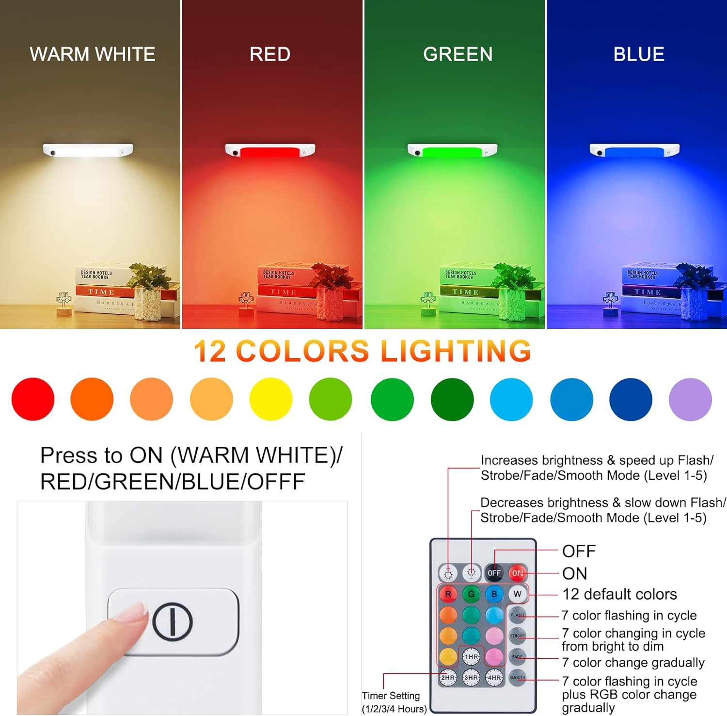 Luz LED para debajo del gabinete con control remoto, funciona con pilas, luz cambiante de colores con temporizador, barra de iluminación regulable,