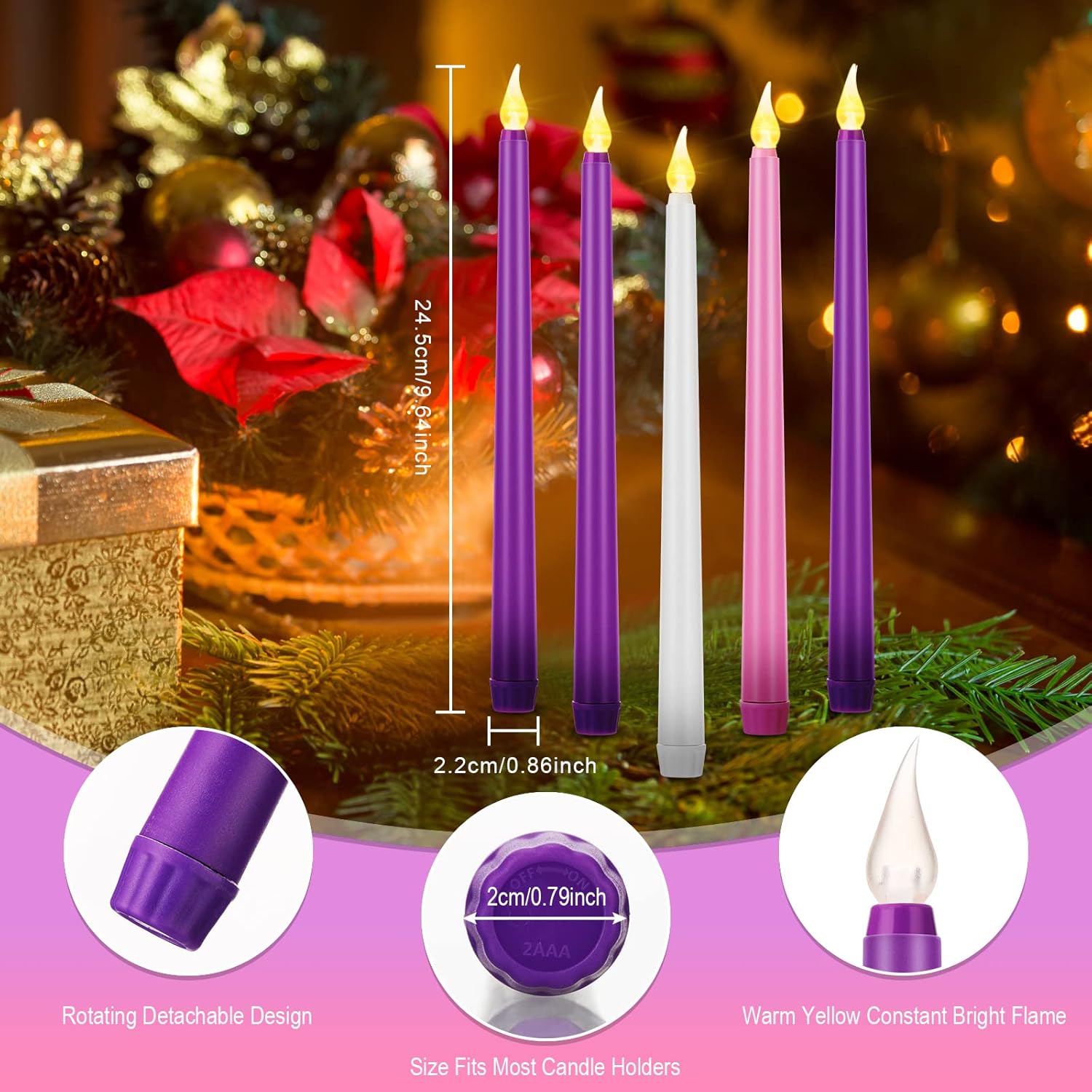 5 velas de adviento sin llama, velas de Adviento LED para Navidad, rituales de Adviento festivos, iglesia, celebración, decoración del hogar (estilo