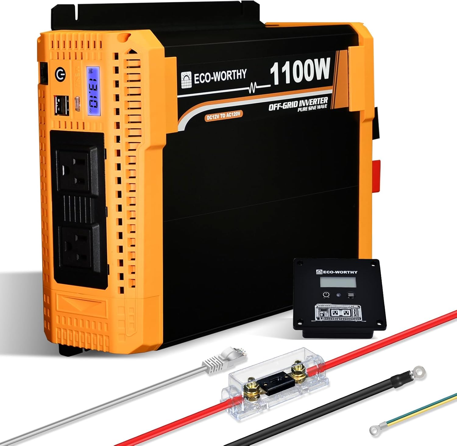 ECO-WORTHY Inversor de energía solar de onda sinusoidal pura de 1100 W, 12 V CC a 120 V CA con puerto USB dual integrado de 18 W, 2 salidas de CA, 1