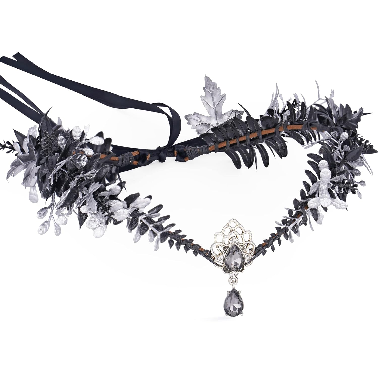 MOSTORY Diadema hecha a mano con corona de hada negra, diseño floral de elfo, accesorio de círculo elfo, para mujeres y niñas, renacentista, fiesta