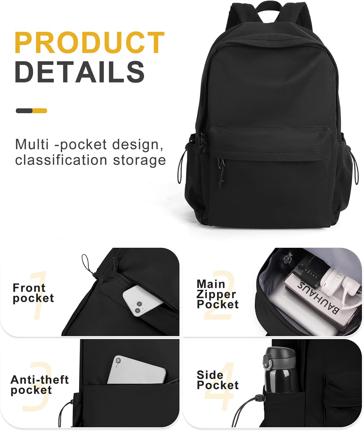 VECAVE Mochila ligera para mujeres y hombres, mochila casual de viaje para laptop, A-Negro, Mochila