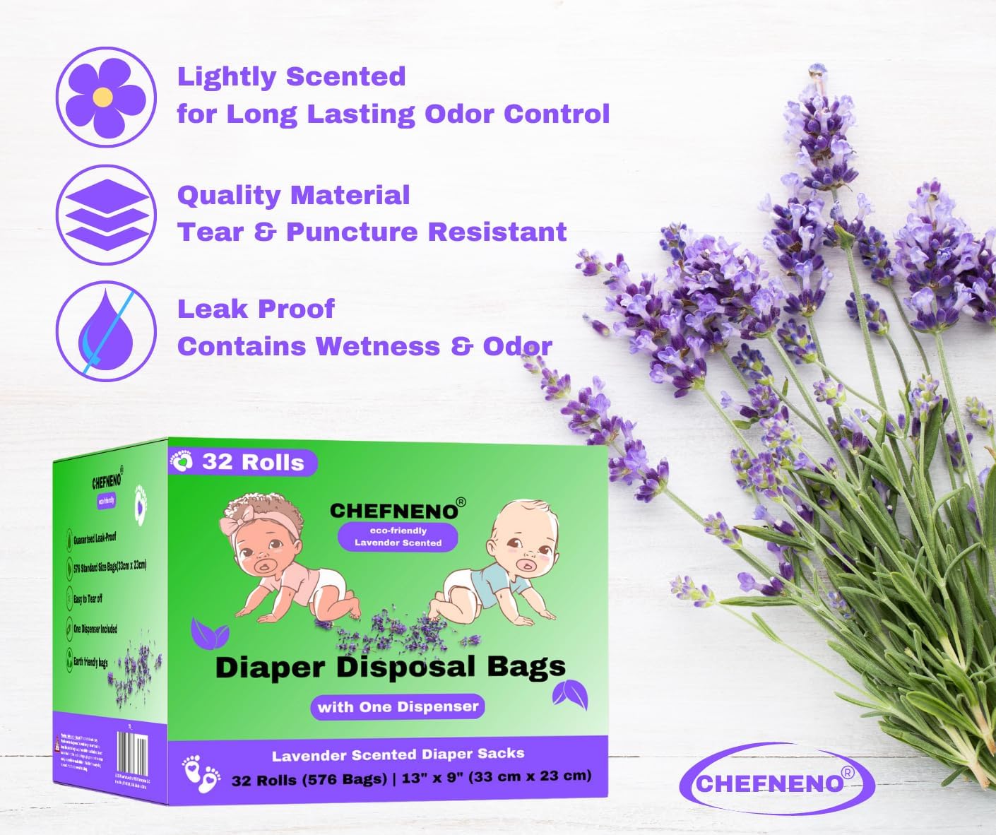 Bolsa de pañales para bebé, desechable, biodegradable, perfumada a lavanda, 32 rollos de repuesto con dispensador (576 sacos), saco de pañales