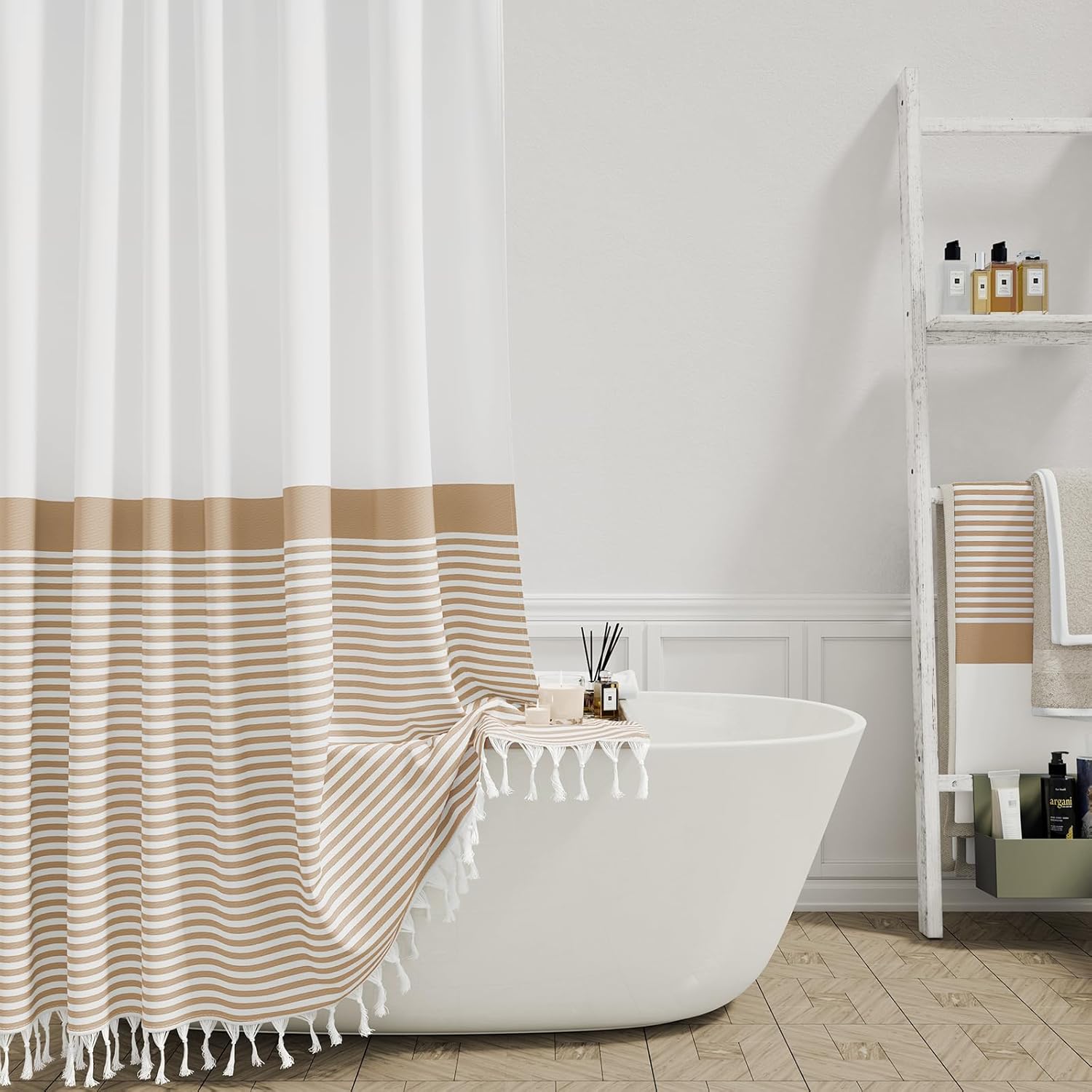 Dynamene Cortina de ducha de tela beige, cortinas de ducha con borlas a rayas bohemias para baño, juego de cortina de ducha de lino bohemio