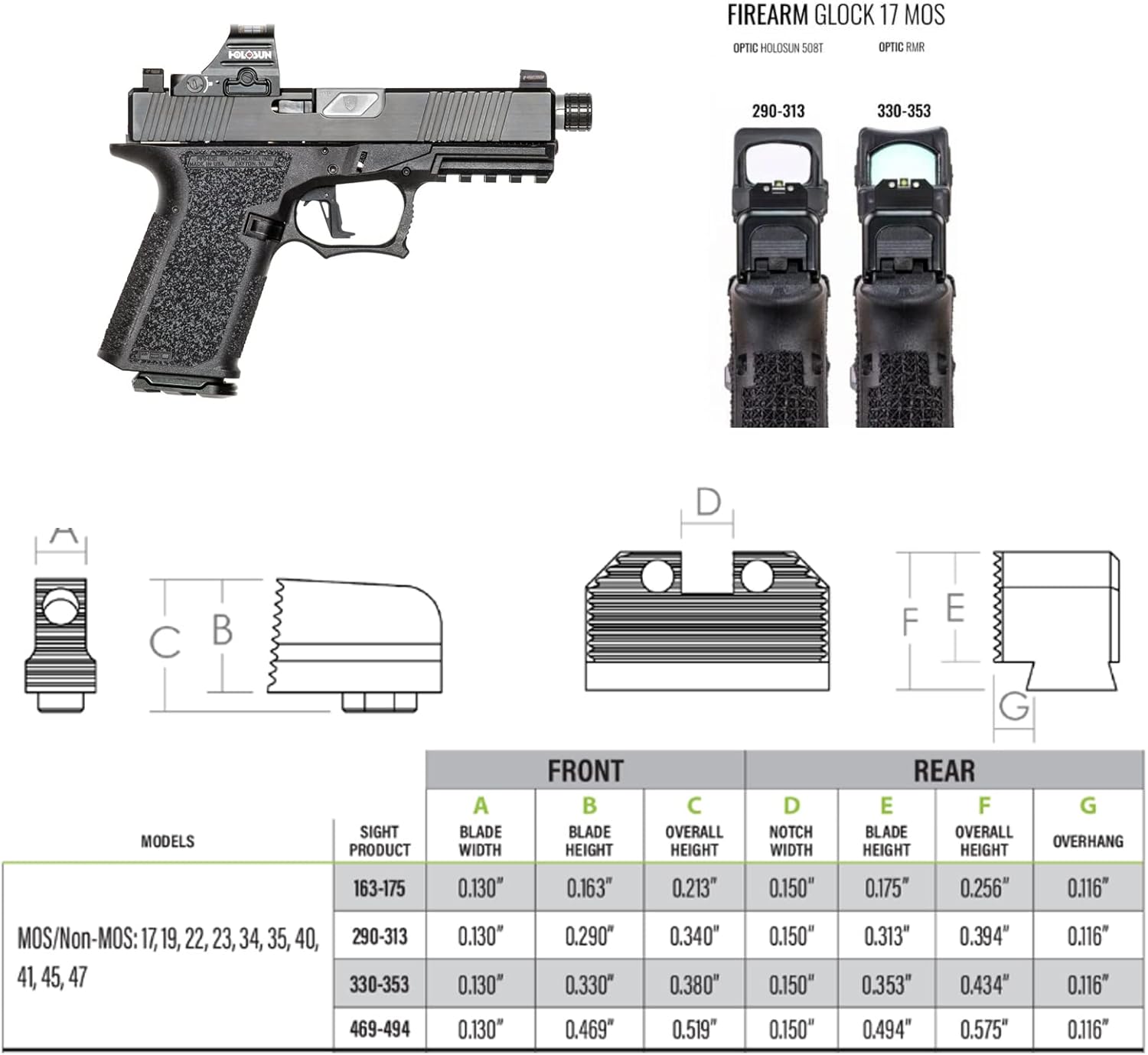 Night Fision Optics Ready Stealth .330-.353 Night Sight Set Compatible with 171934 Designed for Lower 13rd Co-Witness with Trijicon RMR & SRO, Hlsun
