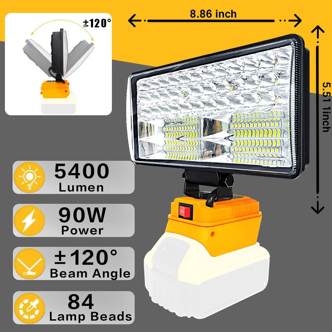 Luz de trabajo LED inalámbrica para batería Dewalt de 20 V, linterna de 90 W 5400 LM, luz de inundación LED de 8 pulgadas, luz de batería con 2