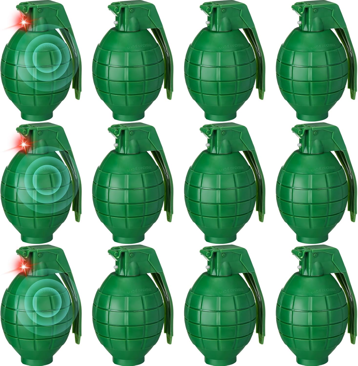12 granadas de mano de plástico con efectos de sonido realistas y luz intermitente, granadas de juguete, granadas falsas, juguetes militares para