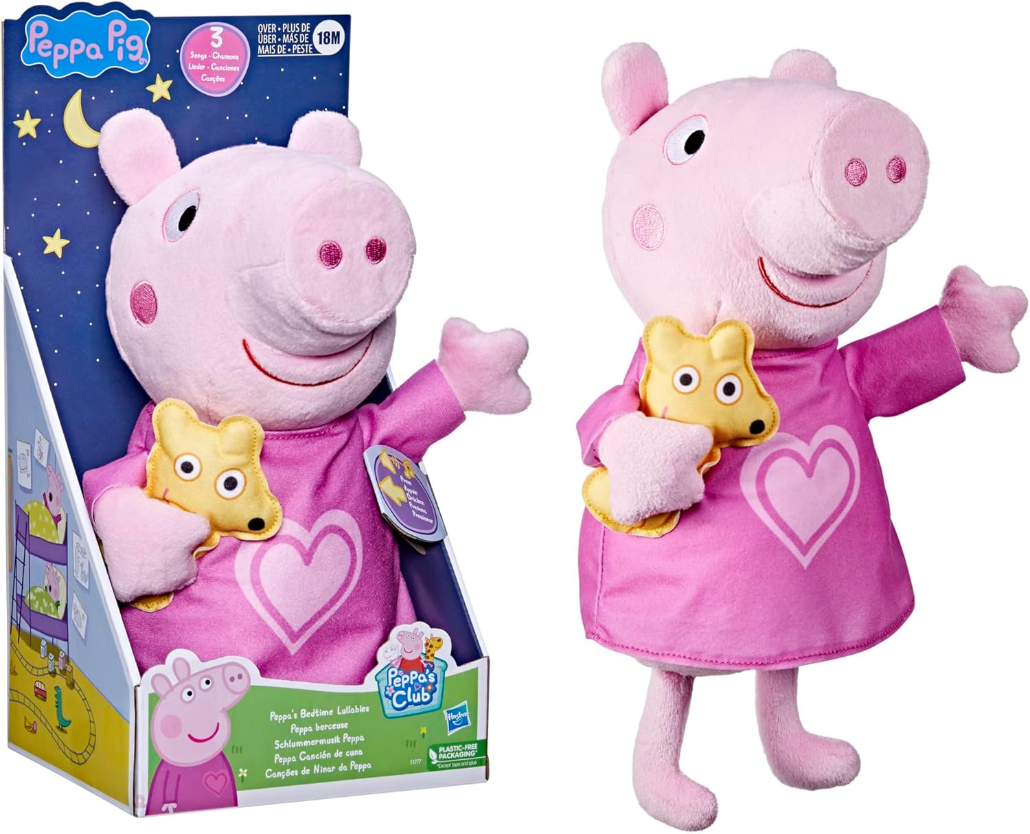 Peppa Pig Peppa’s Bedtime Lullabies – Muñeca de peluche con accesorio de oso de peluche, 3 canciones, 3 frases, a partir de 3 años