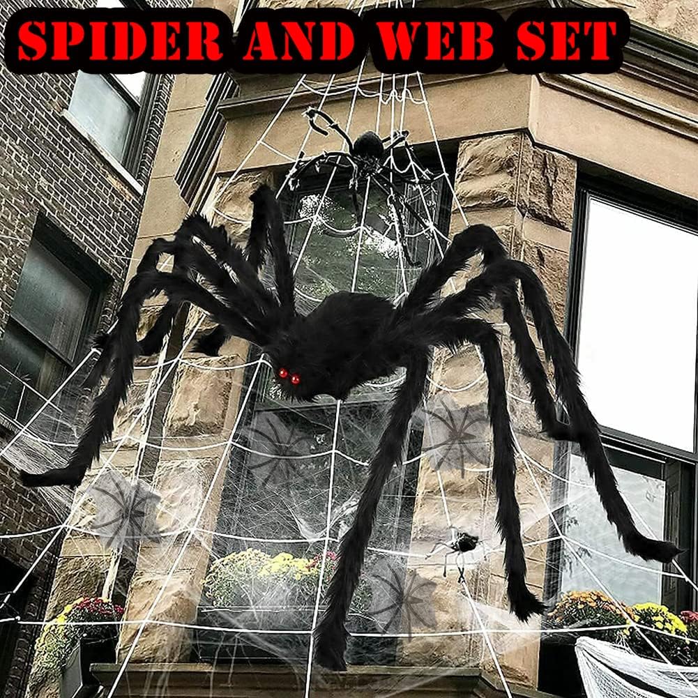 AOGU Telaraña de Halloween de 200 pulgadas + decoración de araña gigante de 78 pulgadas, araña falsa con tela de araña enorme triangular para