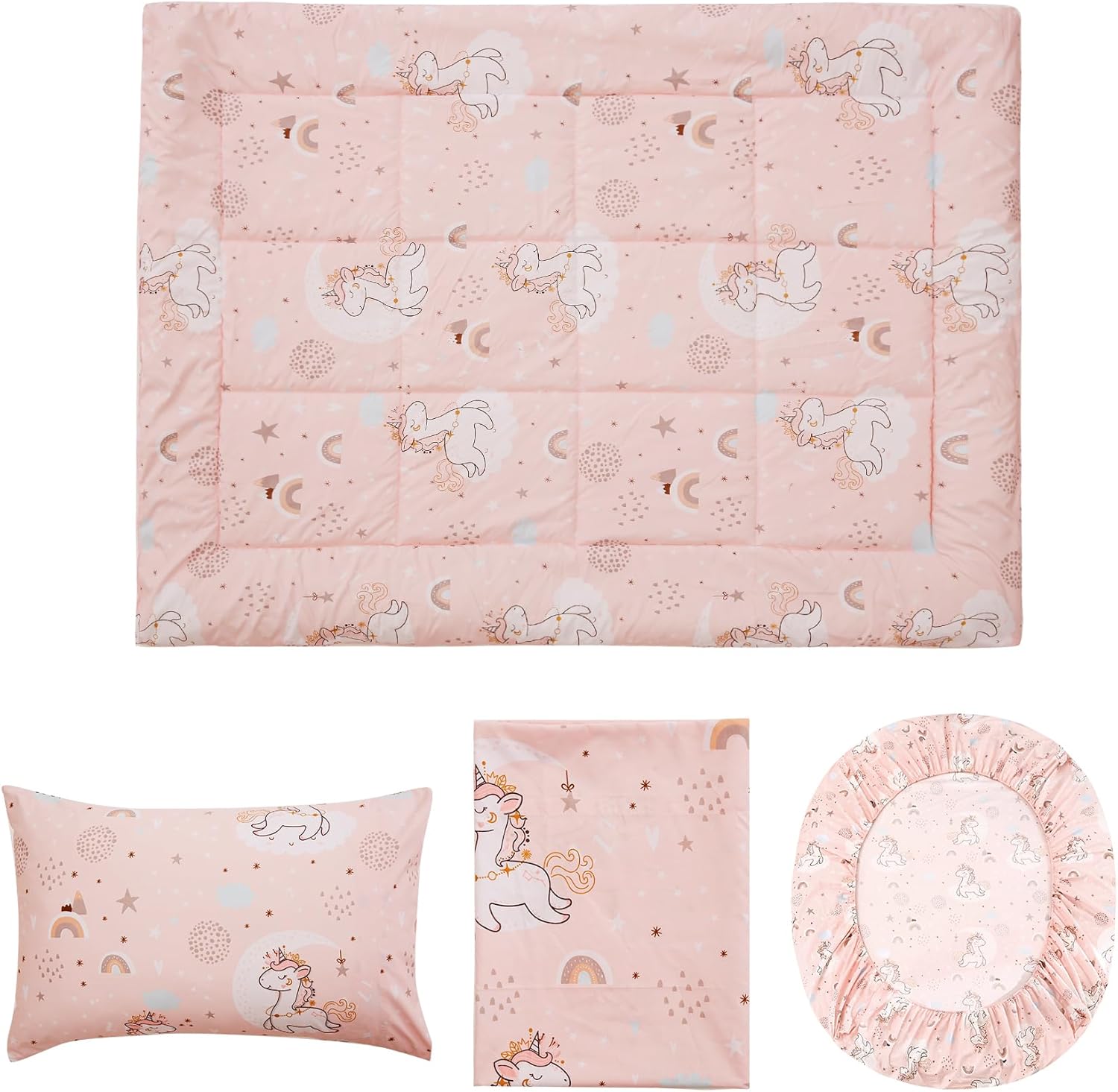 JSD Juego de ropa de cama infantil de 4 piezas de unicornio rosa, juego de edredón de microfibra con estampado de niñas, incluye sábana encimera,