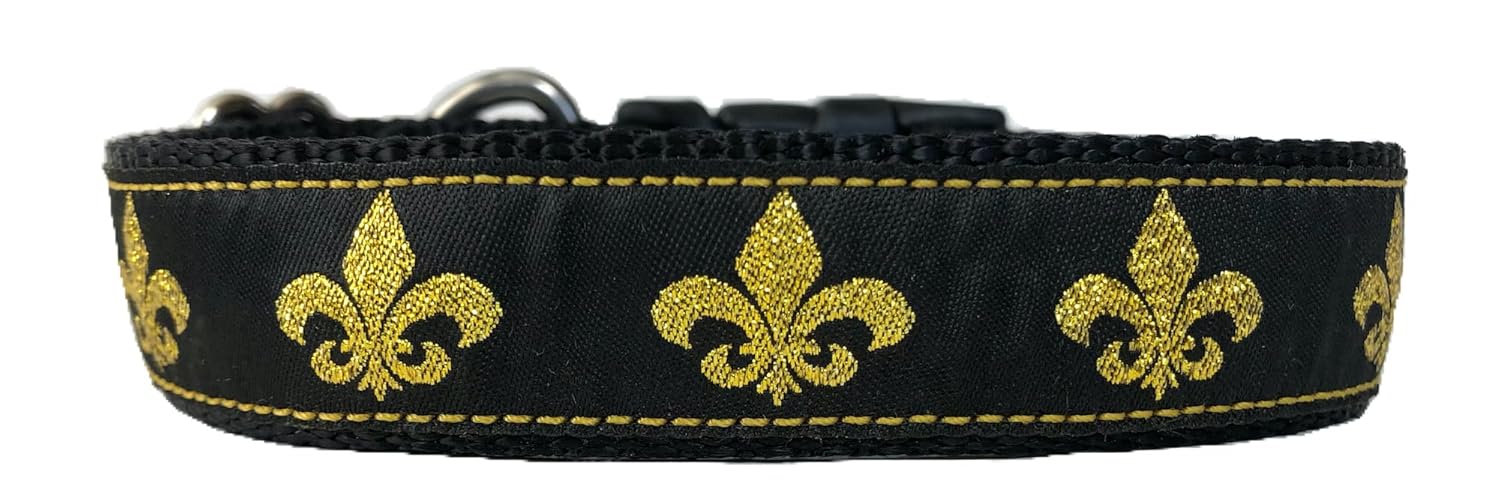 Fleur De Lis Dog Collar (Made with shiny gold colored thread) (fits medium to large size dogs) (Large (14″ – 22″))