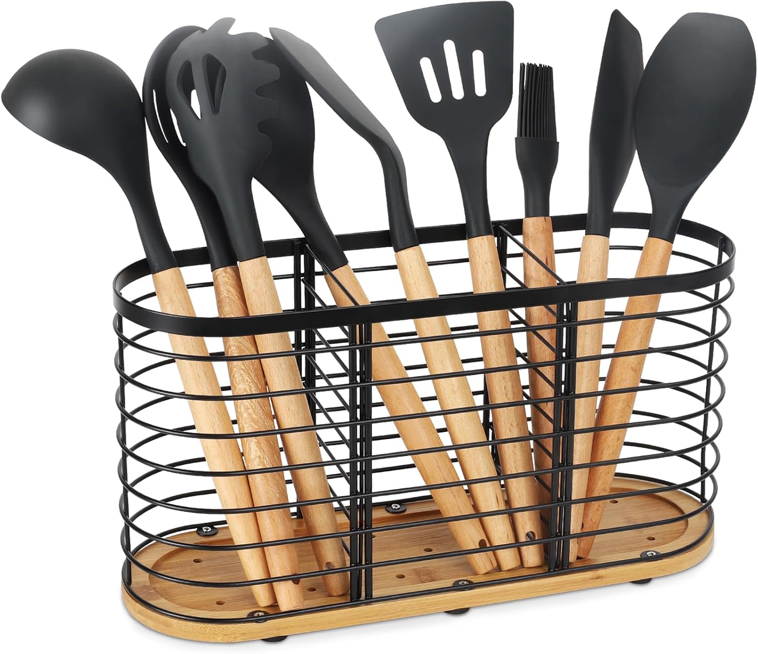 Soporte para utensilios para encimera de cocina, soporte grande para utensilios de cocina de granja, 13.5 x 4.3 x 6.9 pulgadas, con base de madera,
