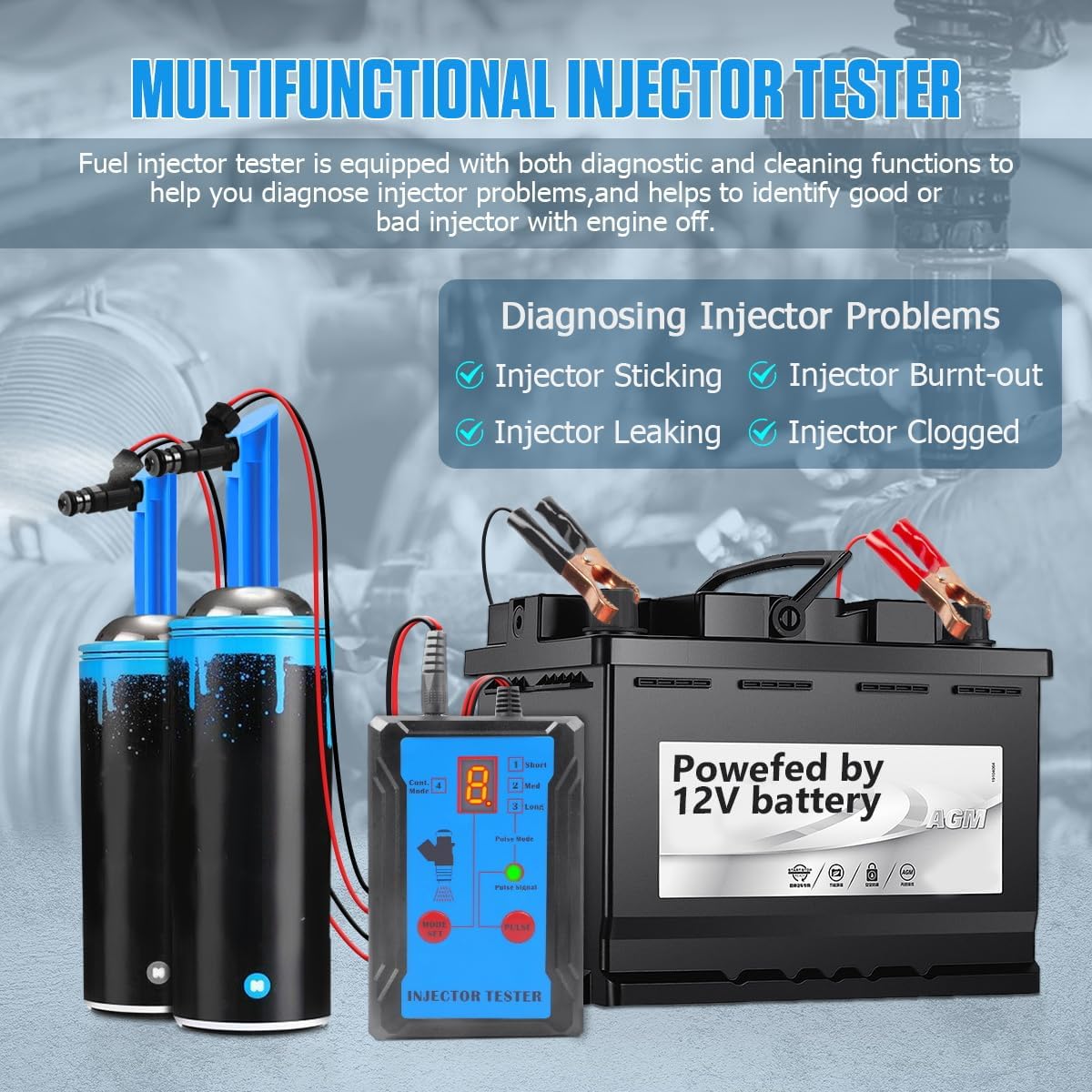 Kit de limpiador de inyector de combustible actualizado con 2 adaptadores universales y 2 limpiadores de descarga dedicados, 8 modos de pulso,