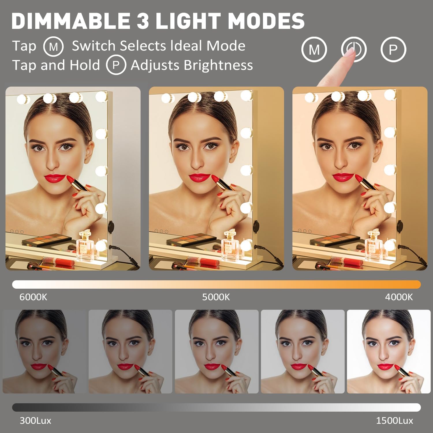 Hollywood – Espejo de maquillaje con luces, 15 bombillas LED regulables, 3 modos de iluminación de color, espejo de maquillaje iluminado con puerto