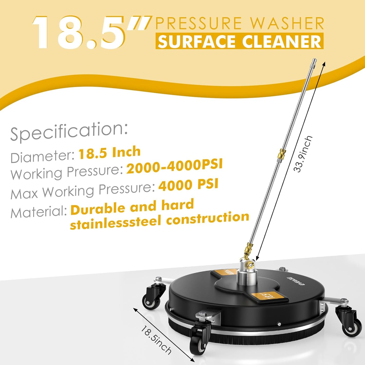 EVEAGE Limpiador de superficies de hidrolavadora de 18.5 pulgadas negro con 4 ruedas, accesorio de lavadora eléctrica de acero inoxidable para