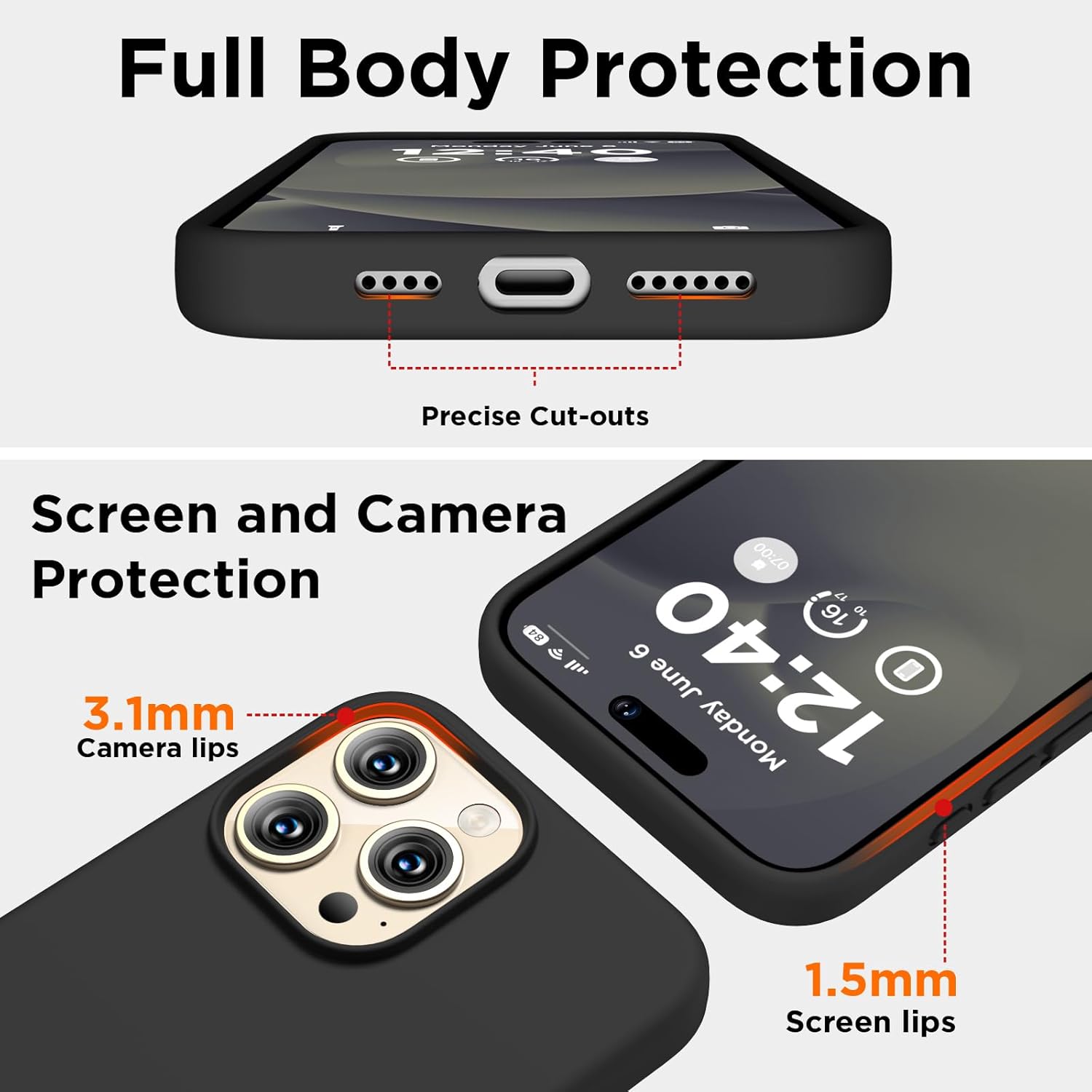 Compatible con iPhone 15 Pro Max, funda de silicona líquida, funda protectora de cuerpo completo a prueba de golpes, funda delgada para teléfono con
