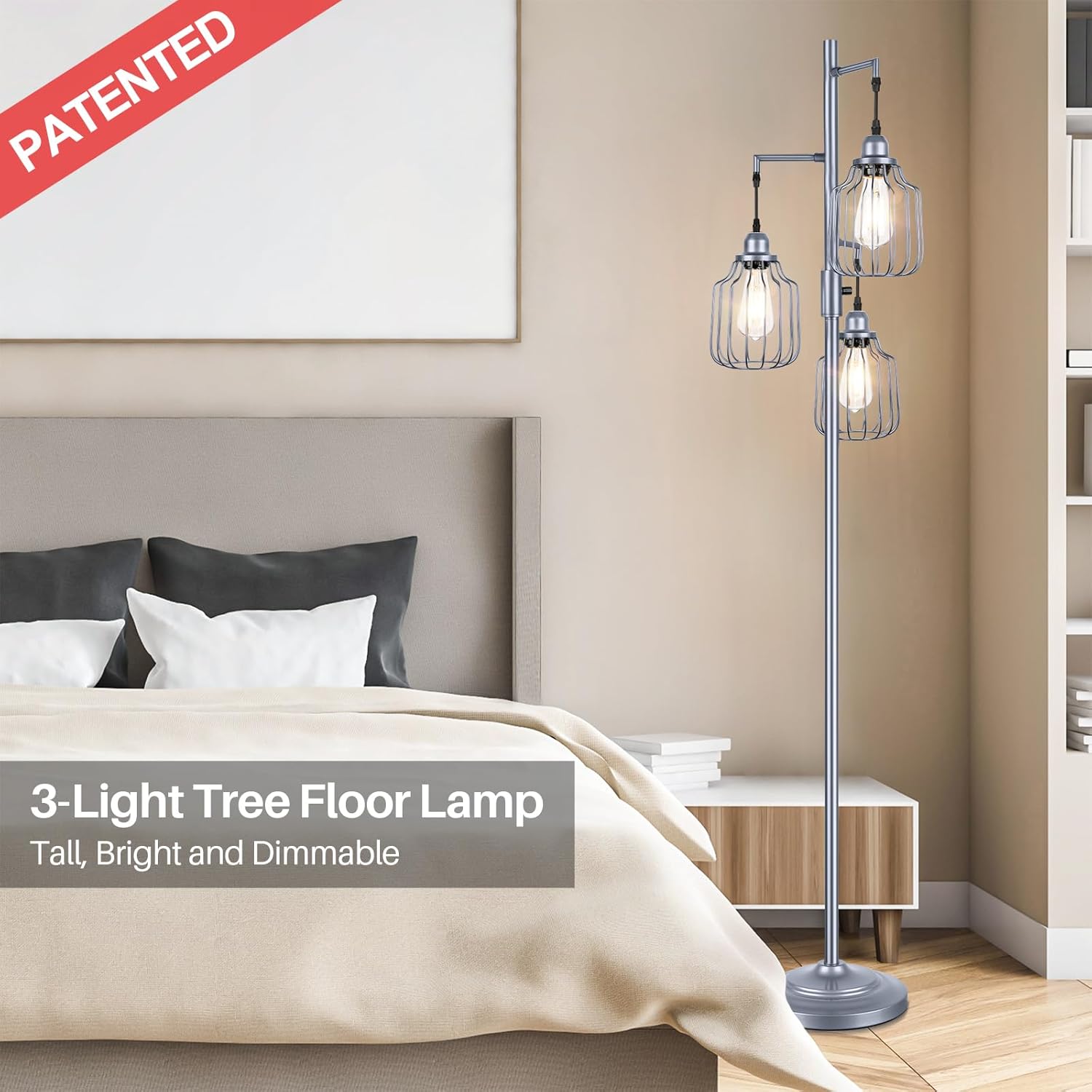 Lámpara de pie con 3 bombillas LED de edición, lámpara de pie alta de granja para sala de estar, regulable industrial rústico gris, árbol brillante,
