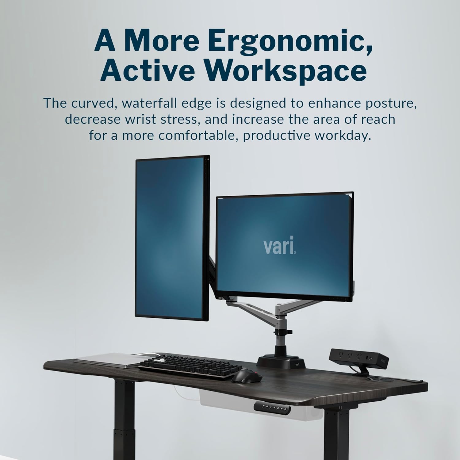 Vari VariDesk Ergo – Escritorio de pie ajustable en altura de 54 x 26 pulgadas, escritorio eléctrico curvado de pie con borde redondeado de cascada,