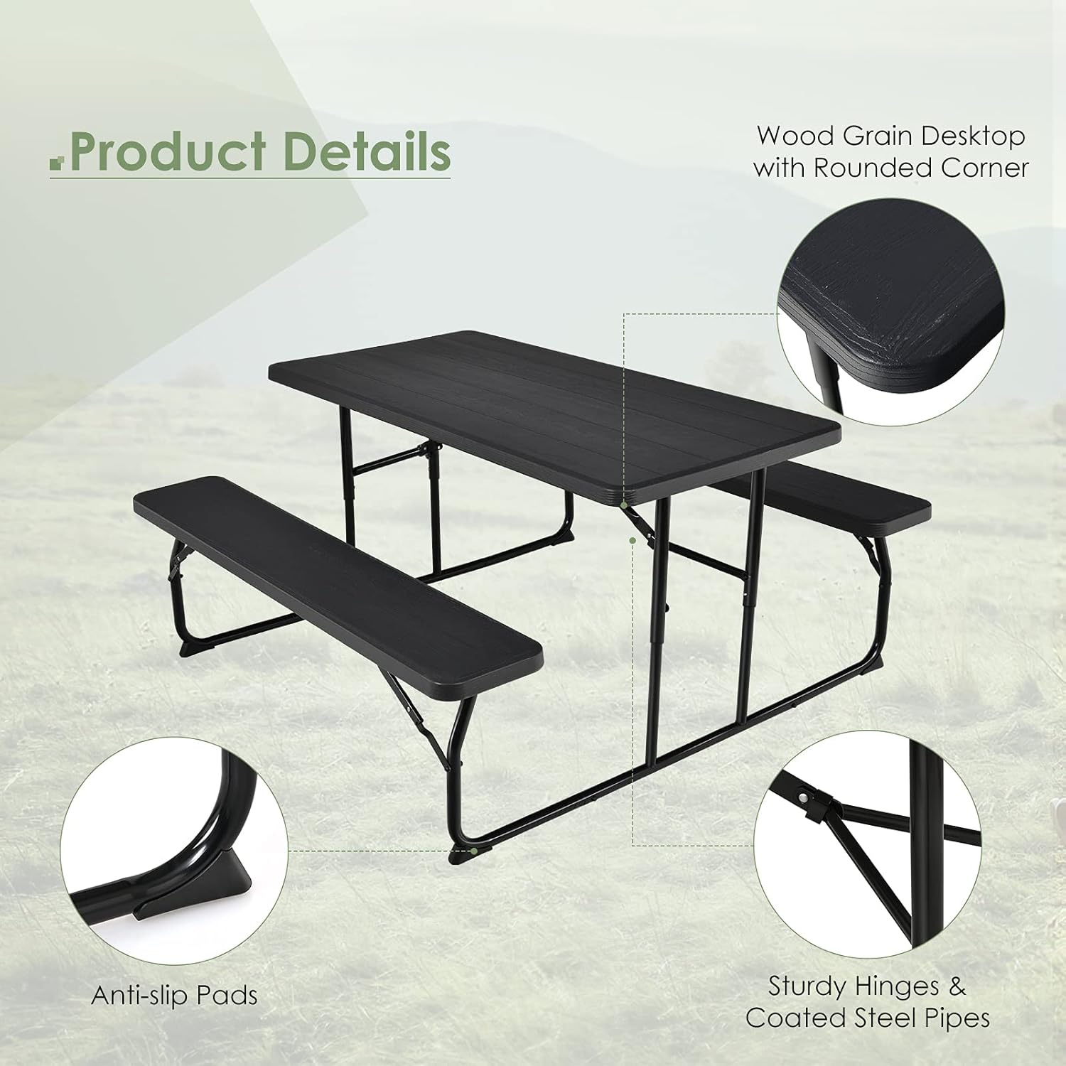 Safstar – Juego de banco de mesa de picnic plegable, mesa de picnic plegable con 2 bancos, mesa y banco para exteriores con marco de acero y mesa de