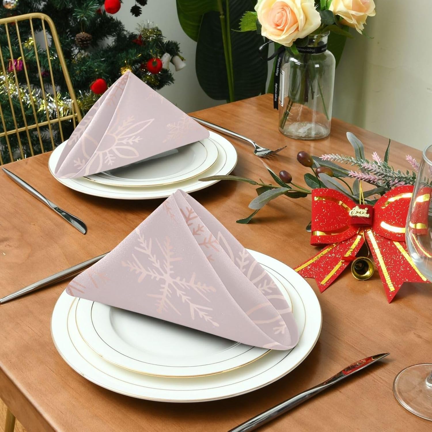 Burbuja Juego de 6 servilletas de tela de copo de nieve de color oro rosa de 20 x 20 pulgadas, lavables, decorativas para cenas familiares, bodas,