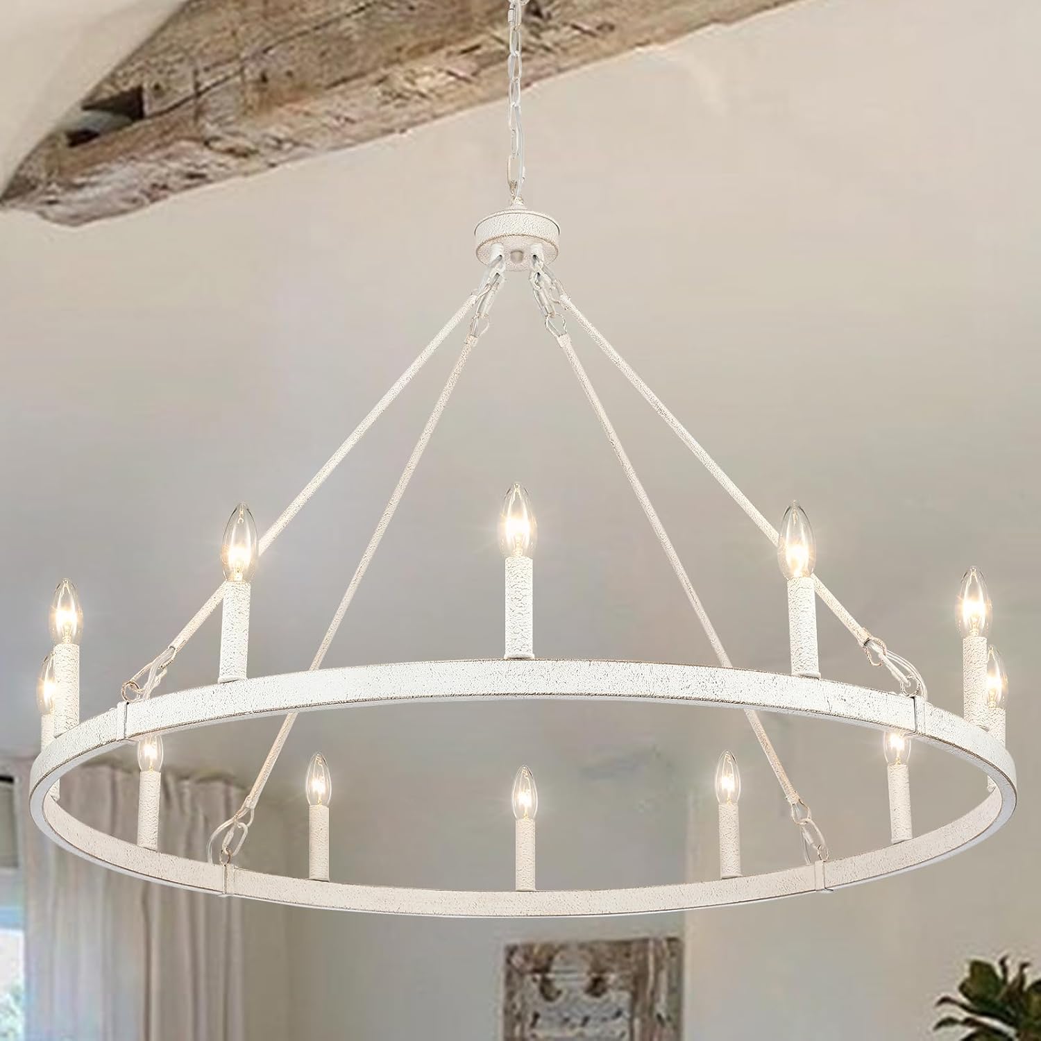 Candelabro blanco con 12 luces estilo madera clara, con ruedas de carro, lámpara grande para techos altos, de 38 pulgadas, para casa de campo, al