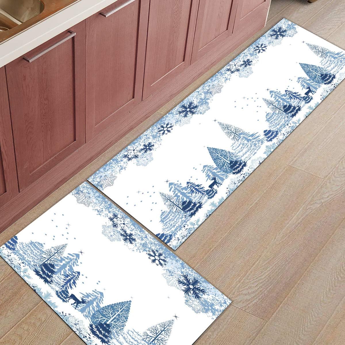 Juego de 1 alfombra y tapetes de cocina de Navidad, diseño abstracto de copos de nieve, alce y arbor, tapete antideslizante para el hogar, comedor,