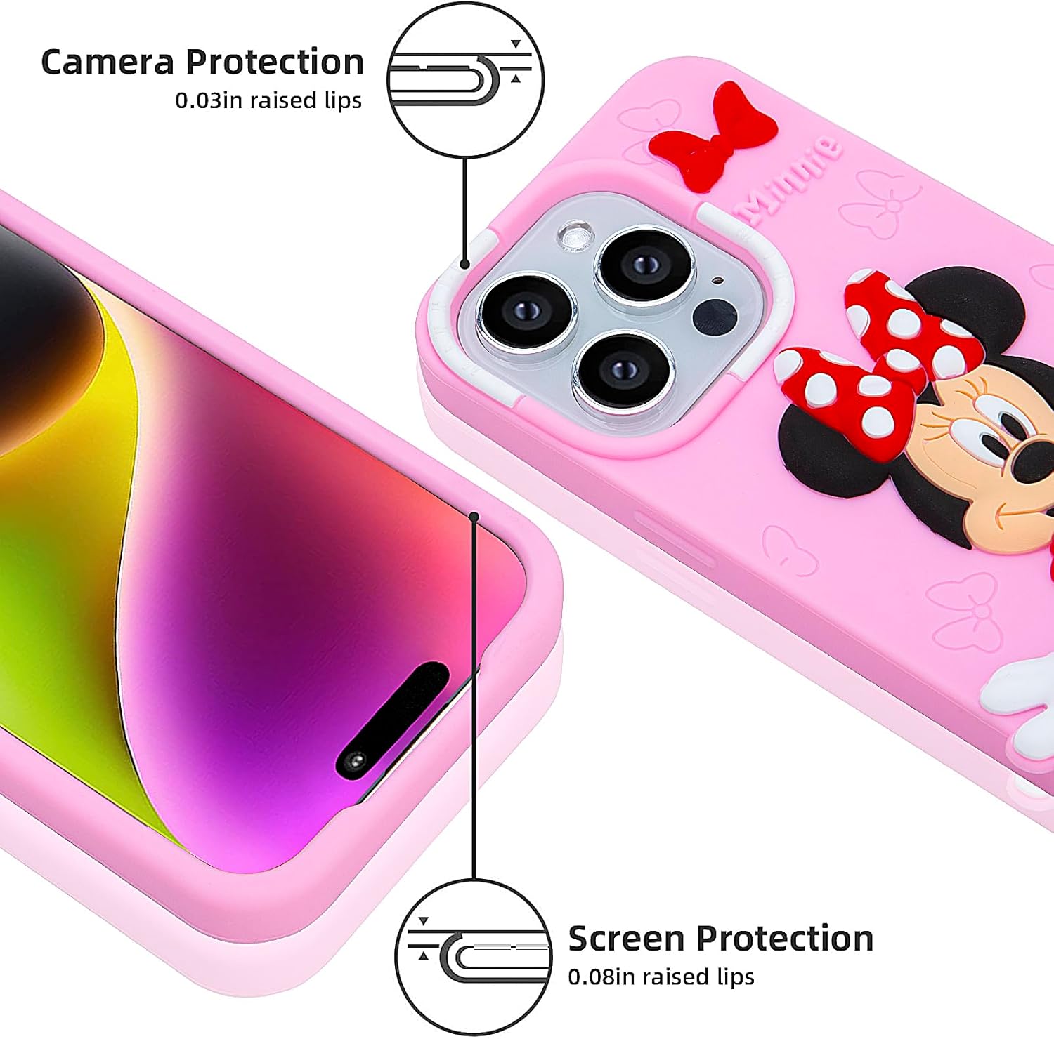 Funda compatible con iPhone 15 Pro Max, linda y divertida funda de silicona de Minnie de dibujos animados para niños, niñas y mujeres
