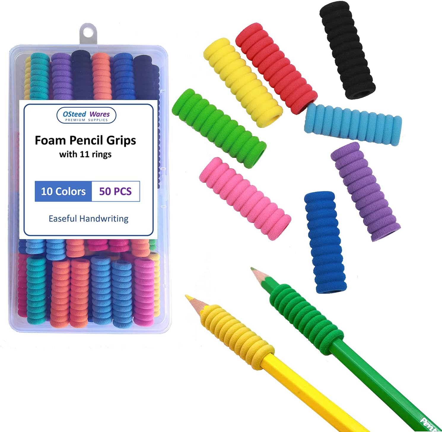 50 empuñaduras de espuma para lápices de 11 anillos para escritura a mano para niños y adultos, 10 colores para aliviar los dedos, cojín de soporte