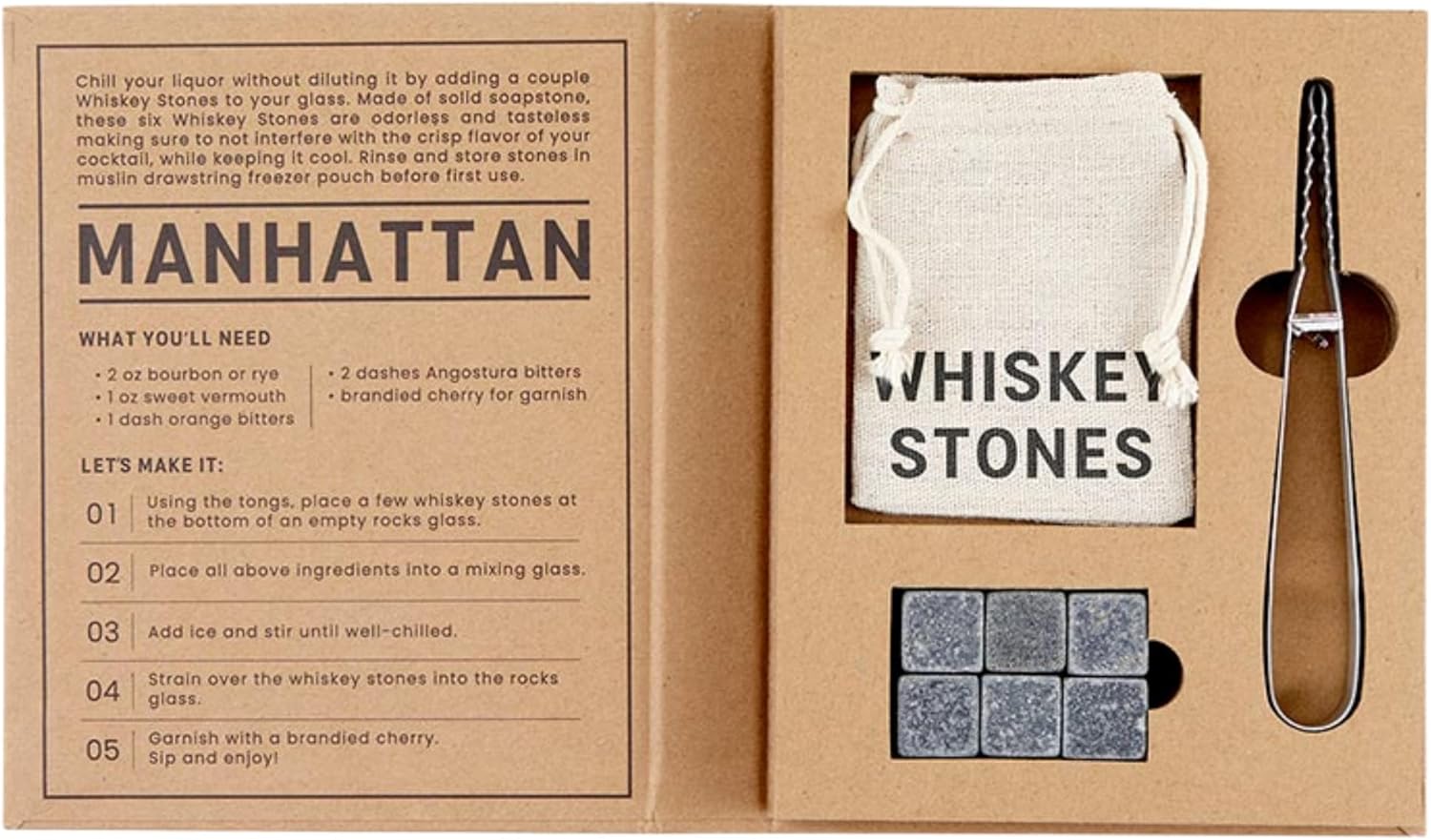 Caja de piedra de whisky premium, cubos de hielo reutilizables de acero inoxidable con pinzas y una bolsa de congelador con cordón, para papás