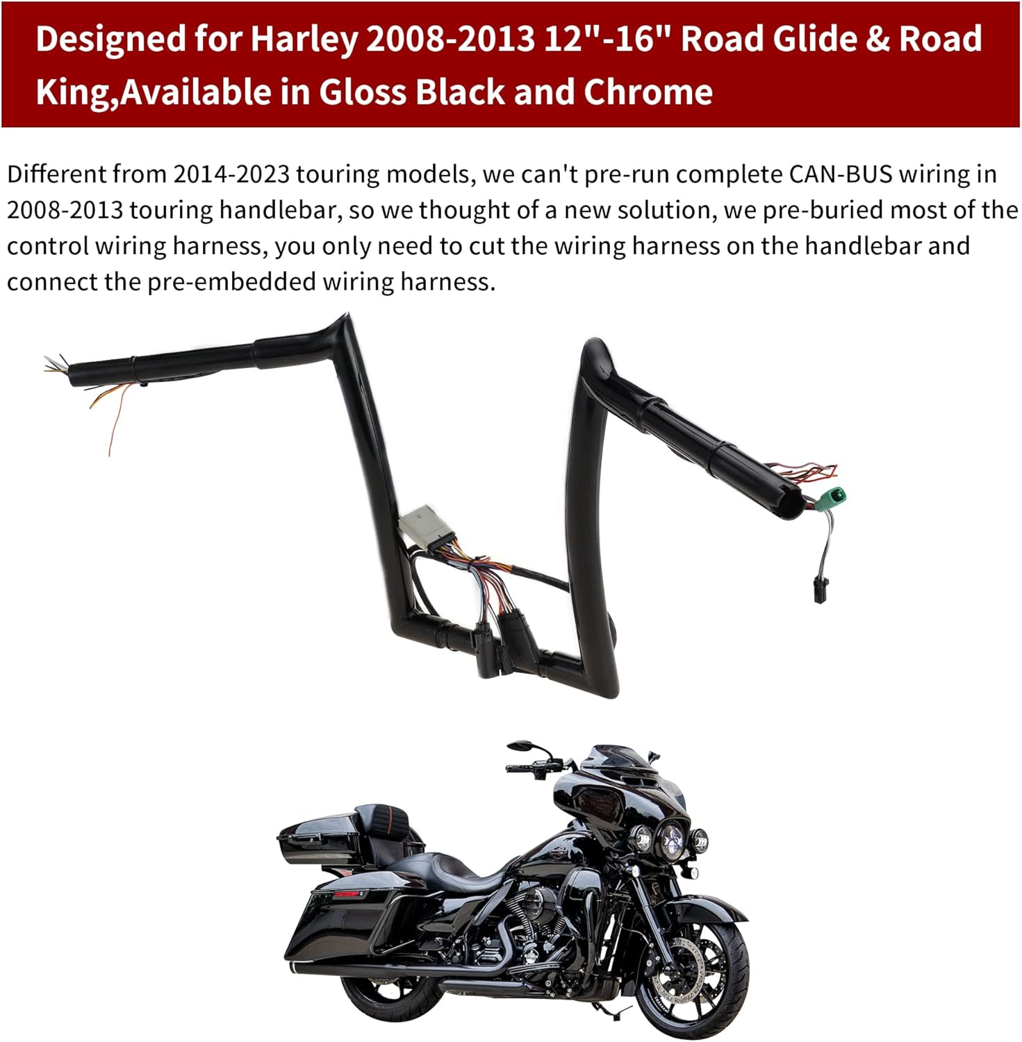 “TIGERSGATE PRE-WIRED 12″ Rise Road Glide Ape Hanger 1 14” Fat Manillares para Harley Road Glide 2008-2013 (negro)