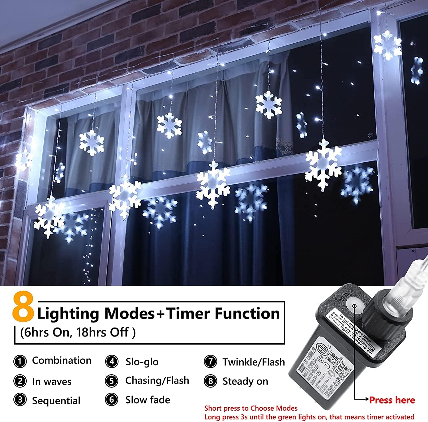Luces de copo de nieve de Navidad para exteriores, 17.22 pies, 264 luces LED de carámbano de copo de nieve con 22 gotas, 8 modos conectables, luz de