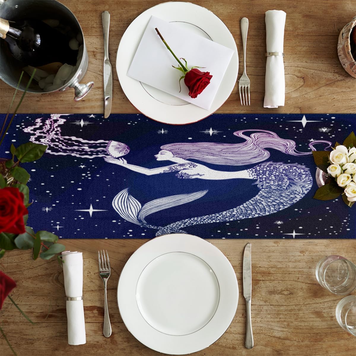 Camino de mesa vintage con patrón de sirena, mantel de lino rústico para cocina de granja, cena, eventos, fiesta, decoración de mesa de vacaciones,