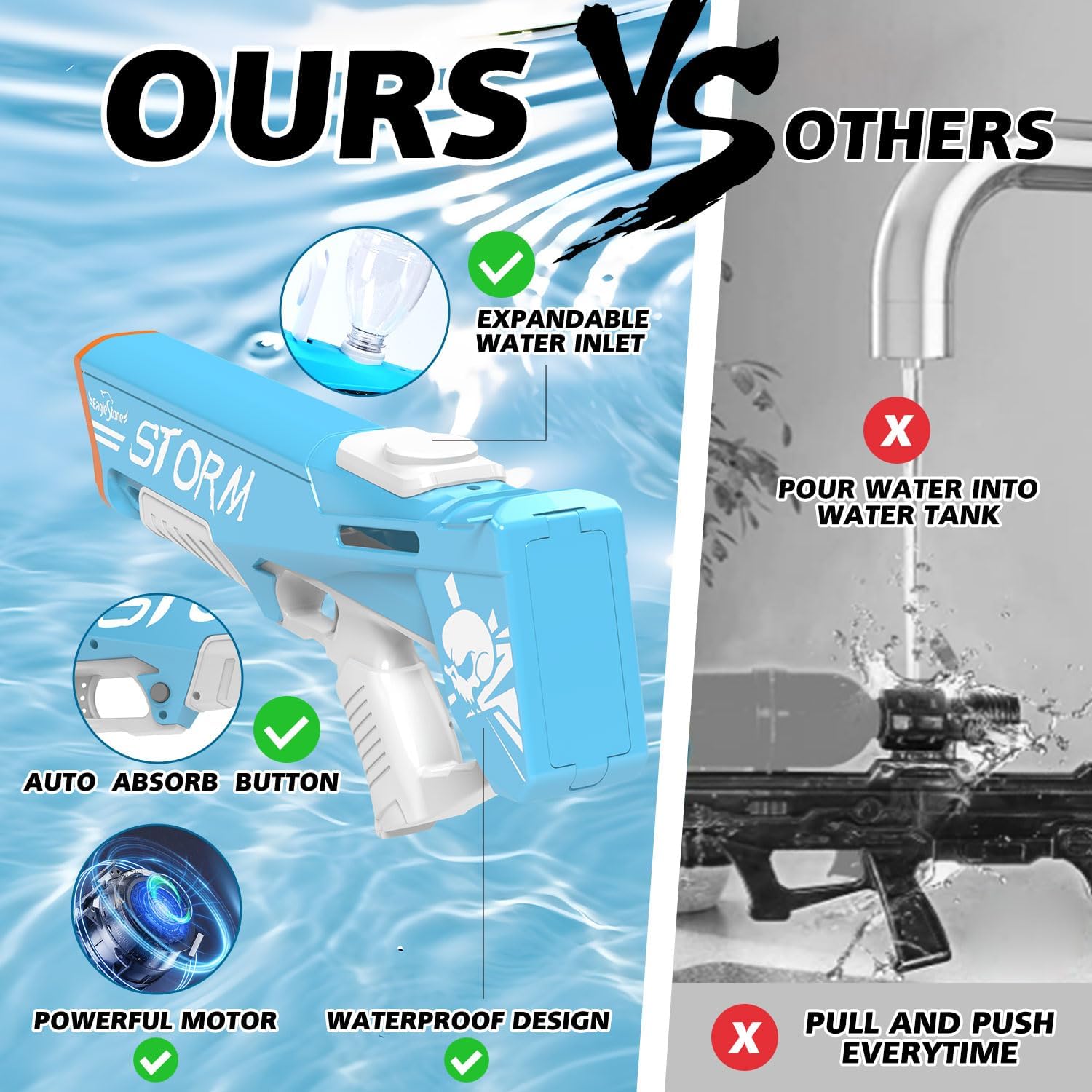 EagleStone Pistola de agua eléctrica para adultos, pistolas automáticas de chorro de 33 pies, remojo de absorción automática súper potente, modular