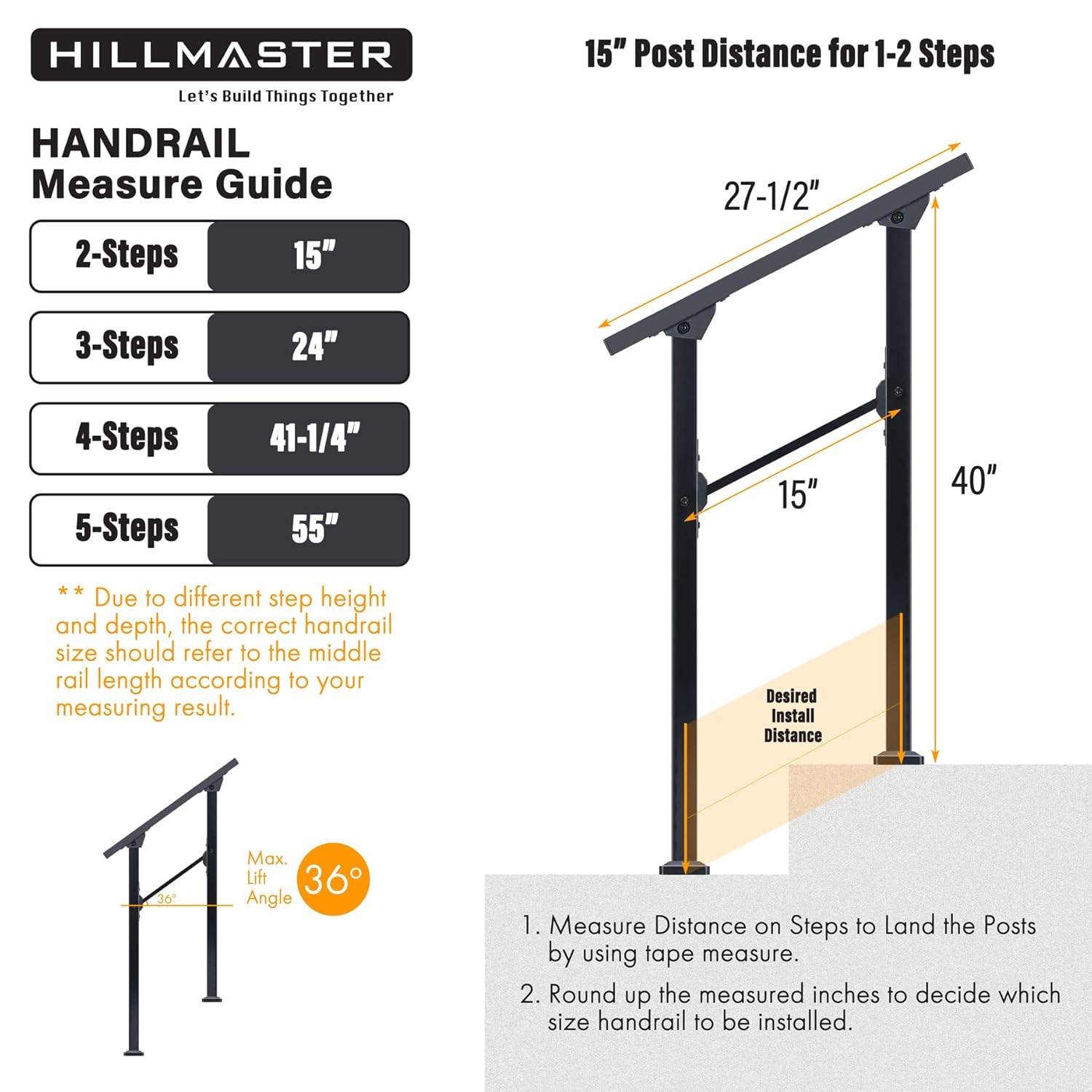 HILLMASTER Barandillas de 2 escalones para escalones al aire libre, barandilla de escalera al aire libre para escalones exteriores, kit de