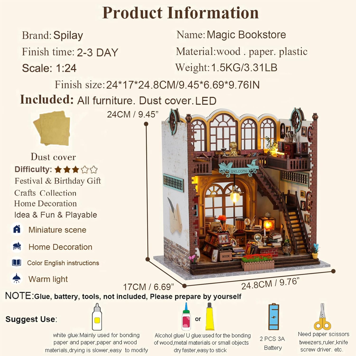 Spilay Casa de muñecas en miniatura con muebles, manualidades de madera para manualidades, casa de muñecas, mini kit hecho a mano, escala 124,
