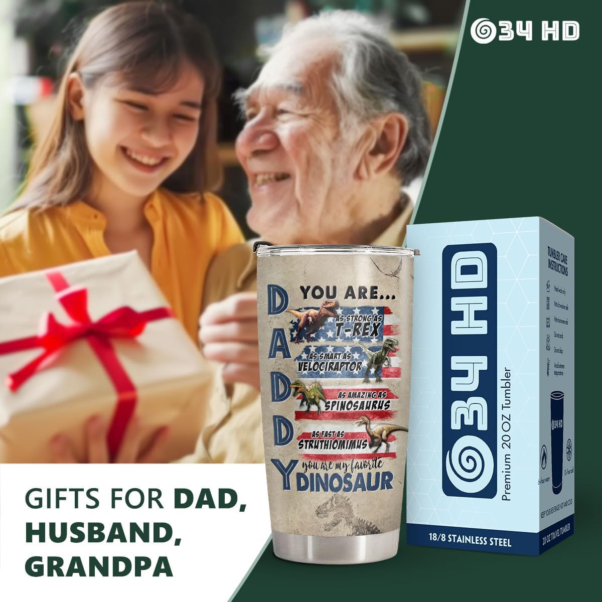 34HD Regalos para papá, vaso con tapa de acero inoxidable, taza de café de viaje para papá, taza para beber para papá, regalos del día del padre..
