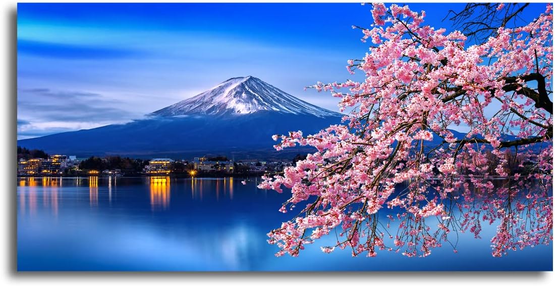 Aibonnly Lienzo decorativo para pared, diseño de cerezos en flor de monte Fuji, 1 pieza, póster enmarcado y estirado listo para colgar para sala de