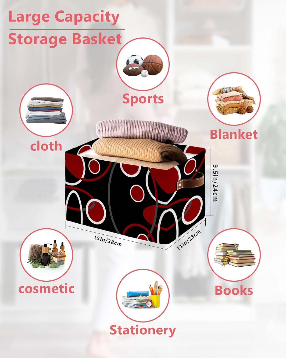 Red Black Geometric Storage Basket for Organizing Shelves, Collapsible Storage Bins Boxes with Handle, Modern Round Geometric Abstract Art Canvas