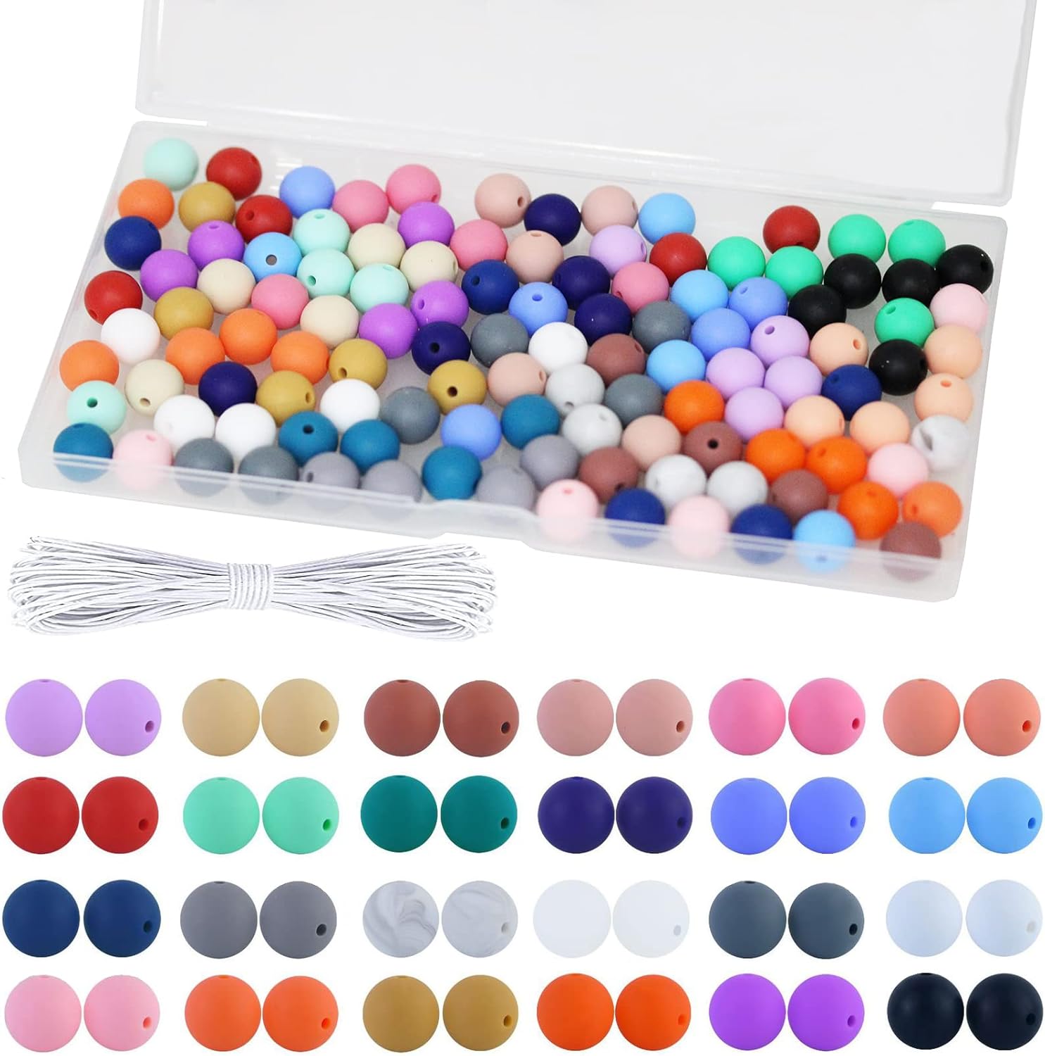 BetterJonny – 120 cuentas de silicona, 24 colores, cuentas sueltas con caja de almacenamiento de 0.472 pulgadas, cuentas redondas de silicona