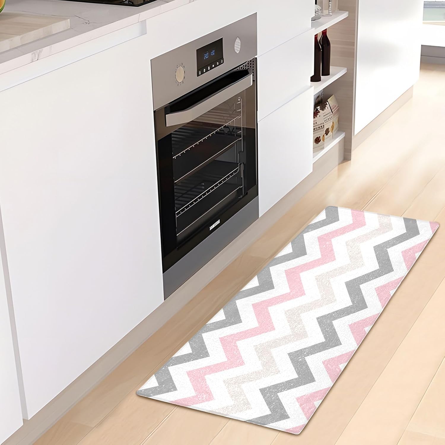 Joisal Alfombras de baño de felpa cheurón color rosa y gris, absorbentes, antideslizantes, con parte trasera de goma, lavables, 39 x 20 pulgadas