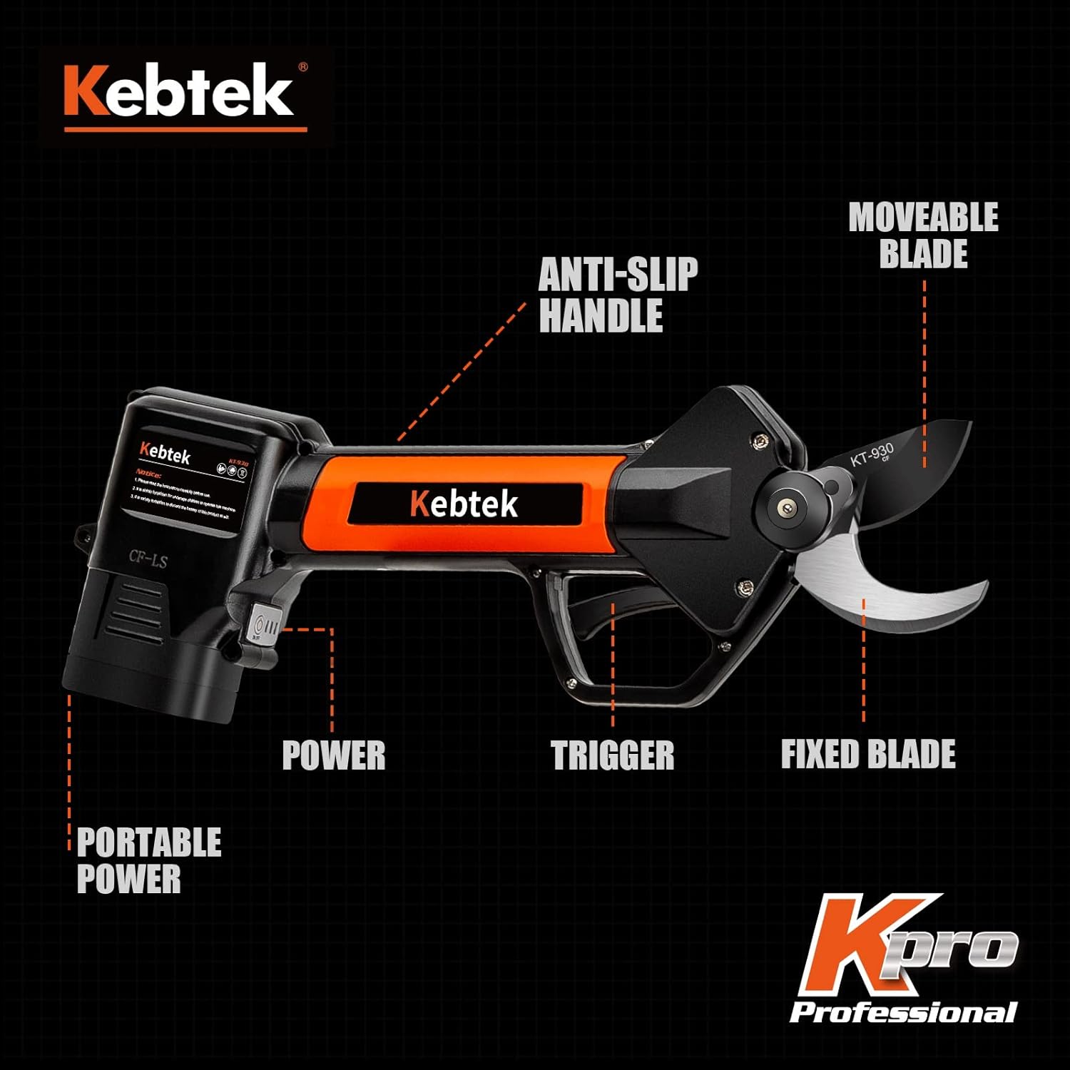 Kebtek Tijeras de podar eléctricas profesionales inalámbricas para jardinería, tijeras de podar a pilas con 2 baterías de 2500 mAh, 5000 cortes,