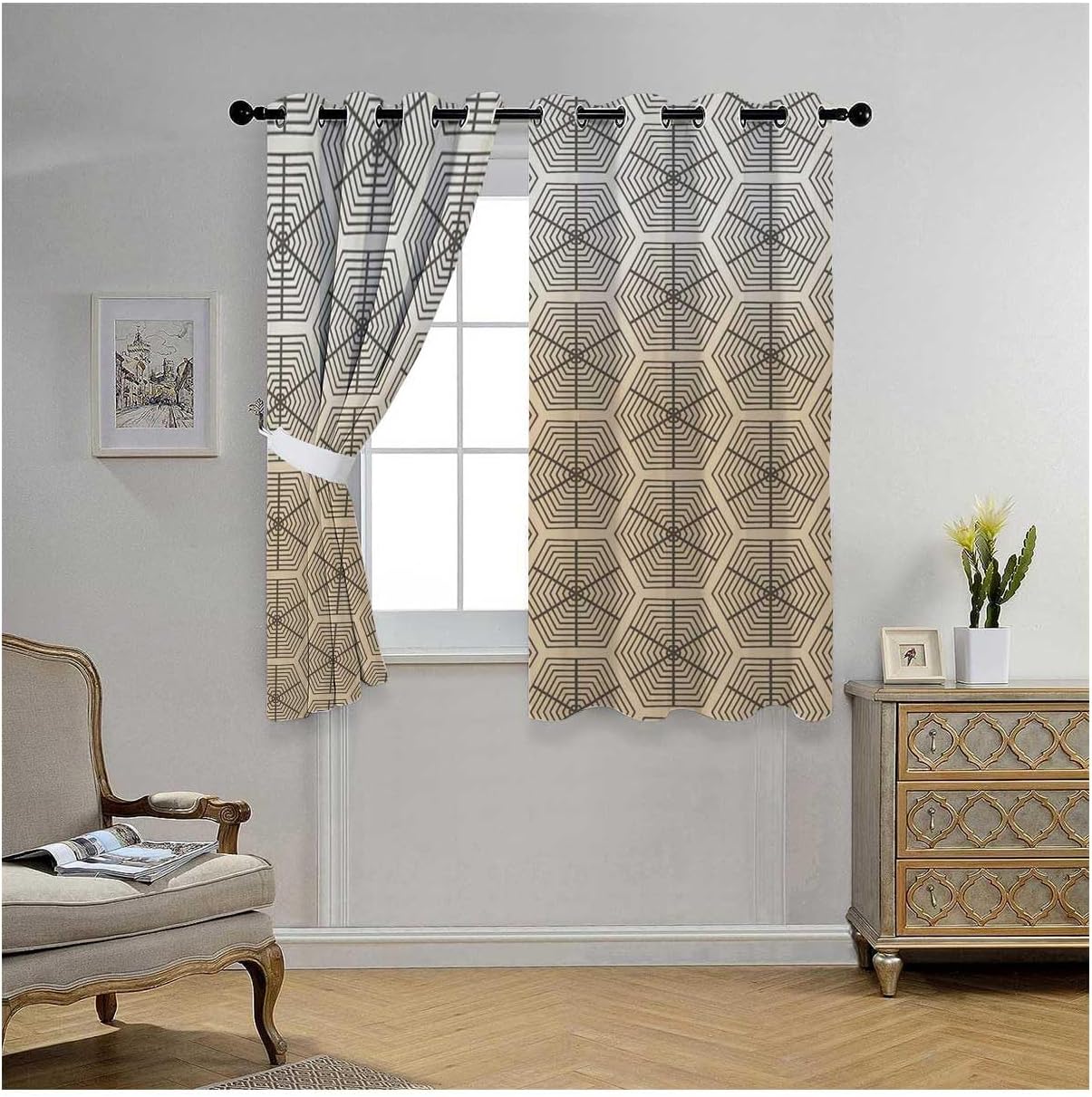 YANFENQI Cortinas para Habitacion Cream Coloured Geometric Checked Curtain Room Divider Drapes 63Inch Width by 63Inch Length,2 Panels