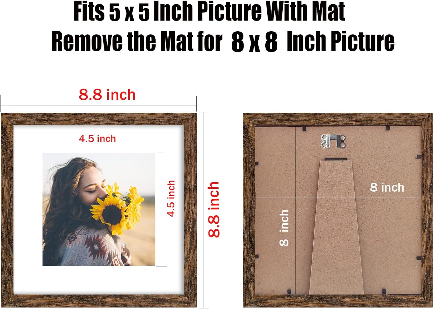 Juego de 6 portarretratos de madera marrón rústica de 8 x 8, para fotos de 5 x 5 con paspartú o de 8 x 8 pulgadas sin paspartú, marcos de fotos
