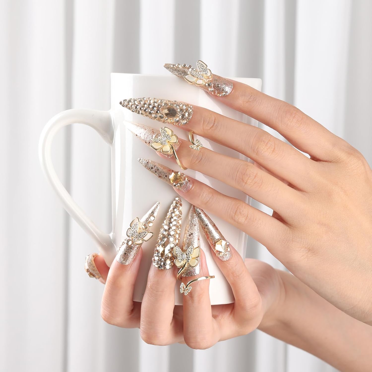 -Uñas largas a presión realmente hechas a mano, uñas postizas de lujo dorado estilo stiletto Y2k, uñas adhesivas con pegamento con diamantes de