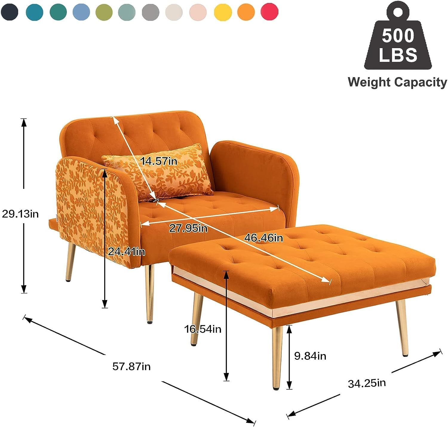 Sillón tumbona 2 en 1, silla convertible de terciopelo con 3 ángulos reclinables, sofá interior con otomana y una elegante almohada, silla