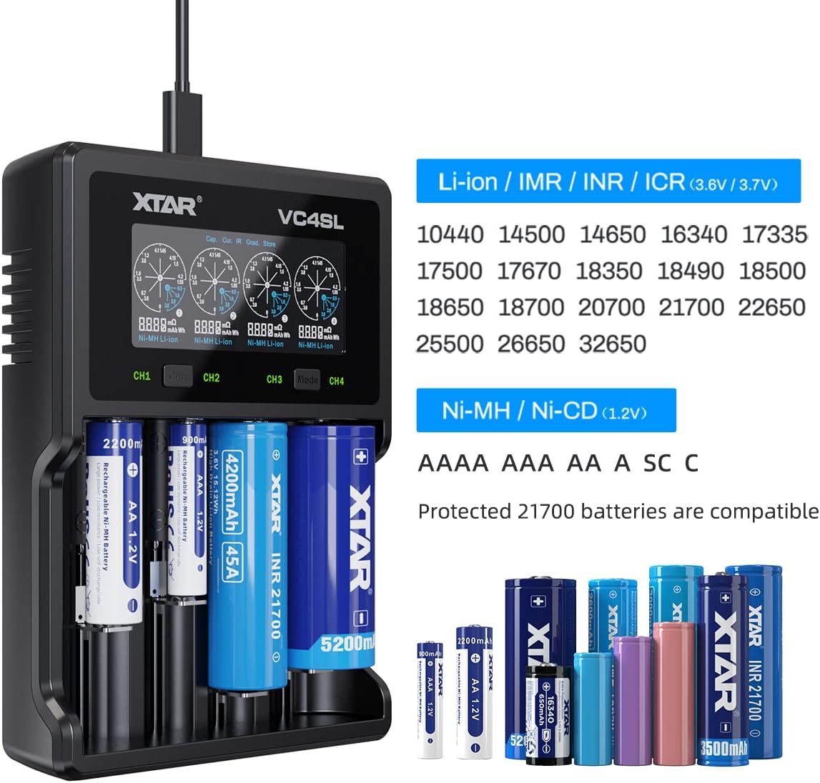 XTAR VC4SL versión de actualización VC4S Cargador de batería recargable inteligente tipo C 4 bahías Cargador rápido 18650 con LCD para batería de