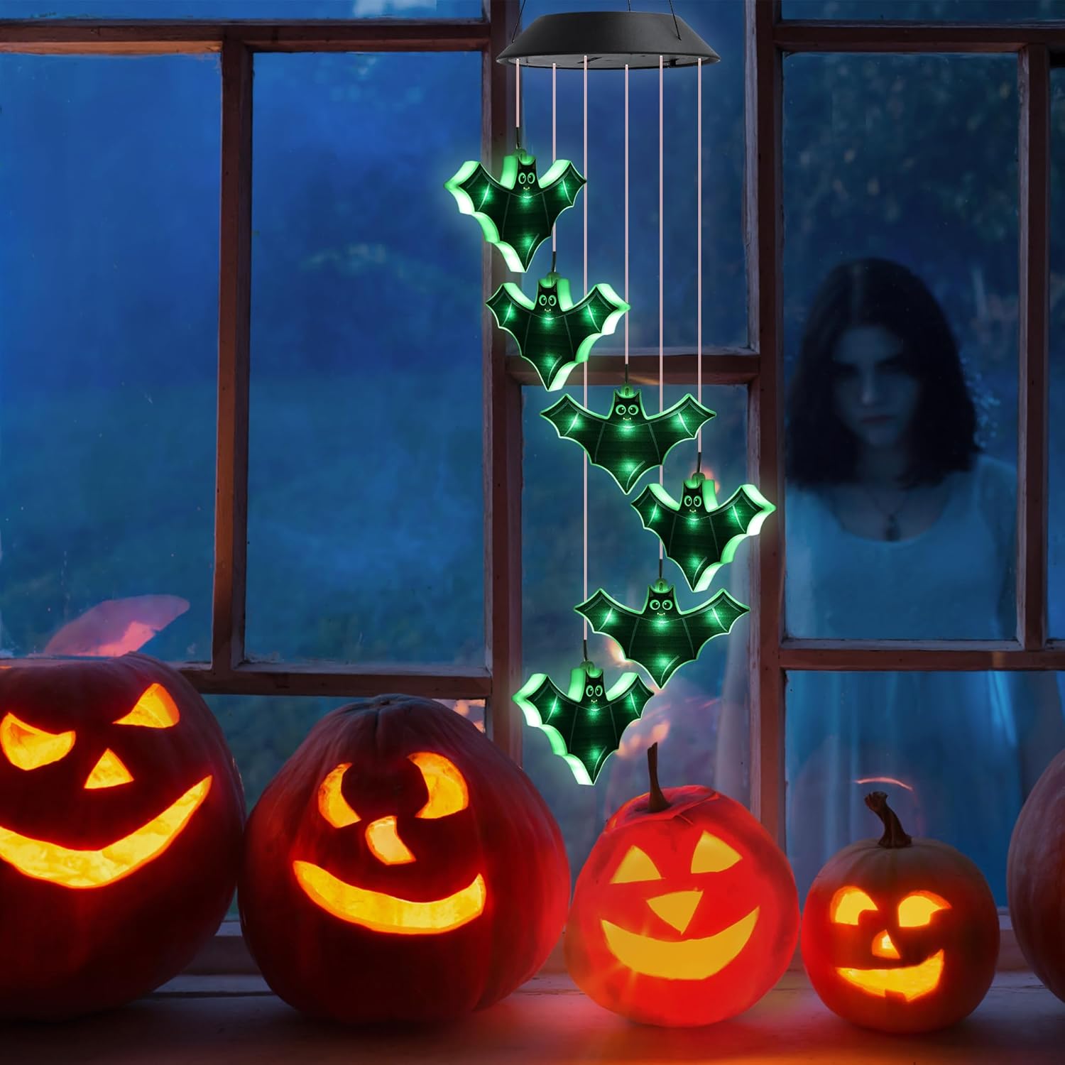 Luces decorativas de Halloween, luces de murciélago verdes aterradoras para exteriores, luces solares colgantes de Halloween, campanillas de viento