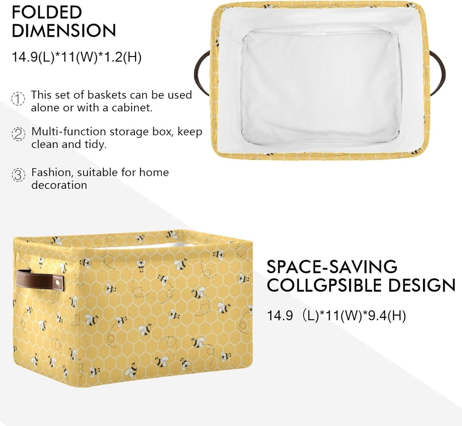 Linda cesta de almacenamiento cuadrada de abeja de animales, cesta organizadora comprimible de tela con asa para dormitorio, guardería, oficina, 1